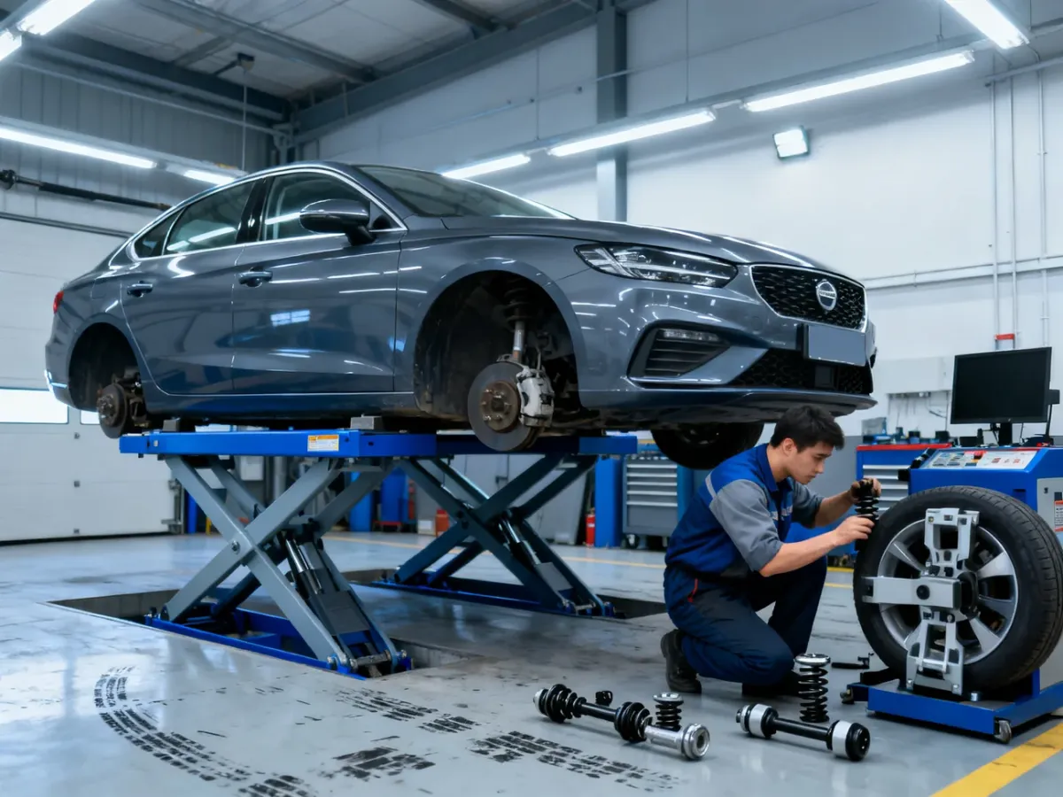 Mechanik sprawdza zawieszenie samochodu na podnośniku
