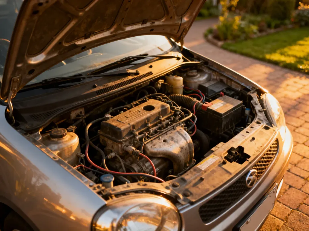 Otwarta maska samochodu Opel Corsa C z widocznym silnikiem w świetle zachodzącego słońca.