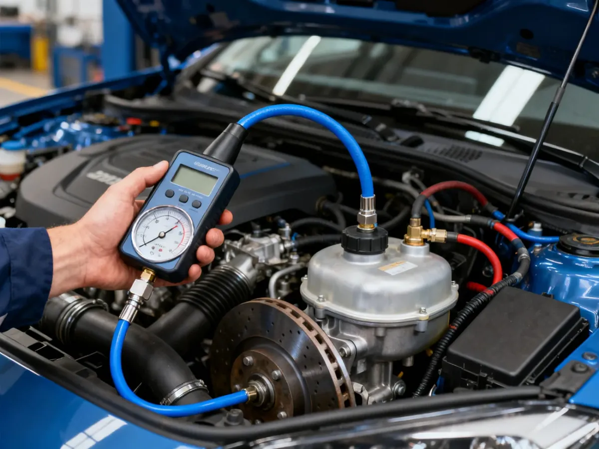 Mechanik podłącza wakuometr do układu pompy próżniowej hamulców