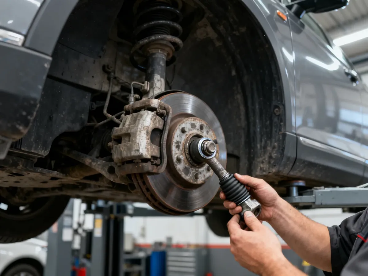 Mechanik sprawdza zużytą końcówkę drążka kierowniczego przy przednim kole