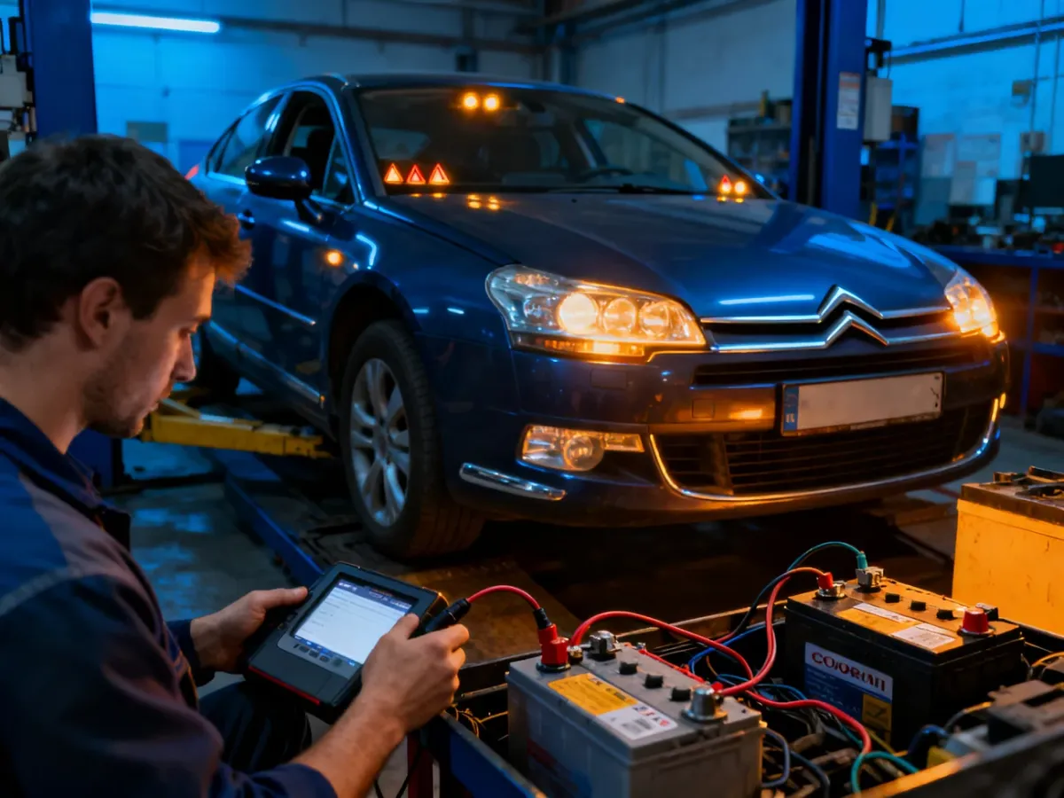 Citroen C5 z wieloma kontrolkami ostrzegawczymi podczas diagnostyki elektrycznej