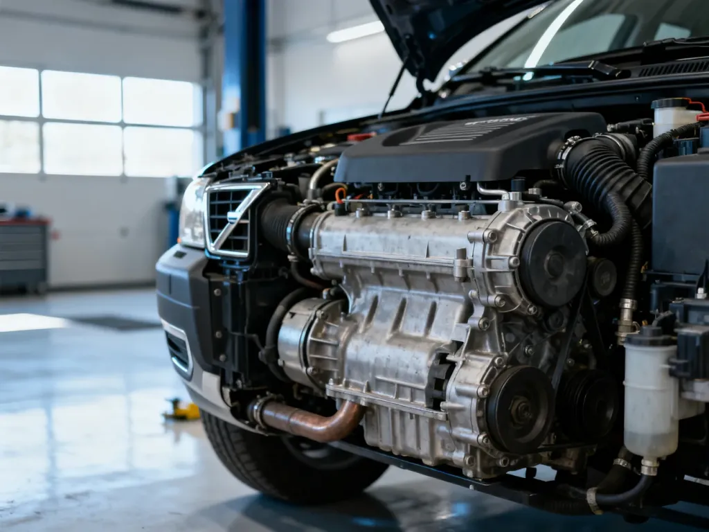 Komora silnika Volvo XC70 z widocznymi podzespołami mechanicznymi w profesjonalnym warsztacie samochodowym.