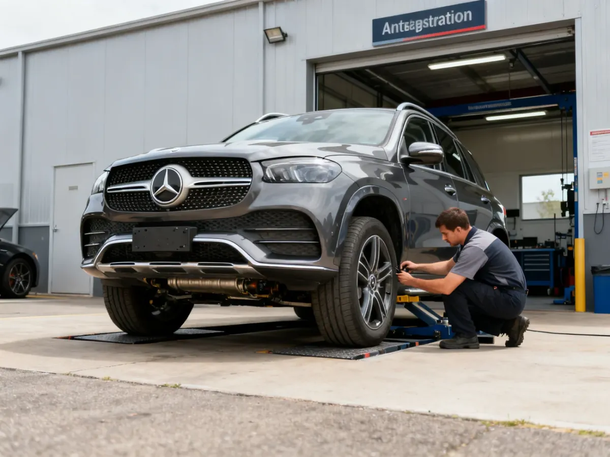 Używany Mercedes GLE podczas dokładnej kontroli w warsztacie