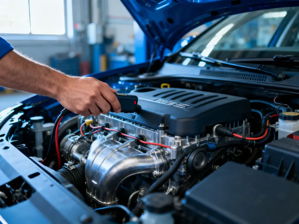 Mechanik używający urządzenia diagnostycznego przy otwartej komorze silnika Toyoty Avensis.