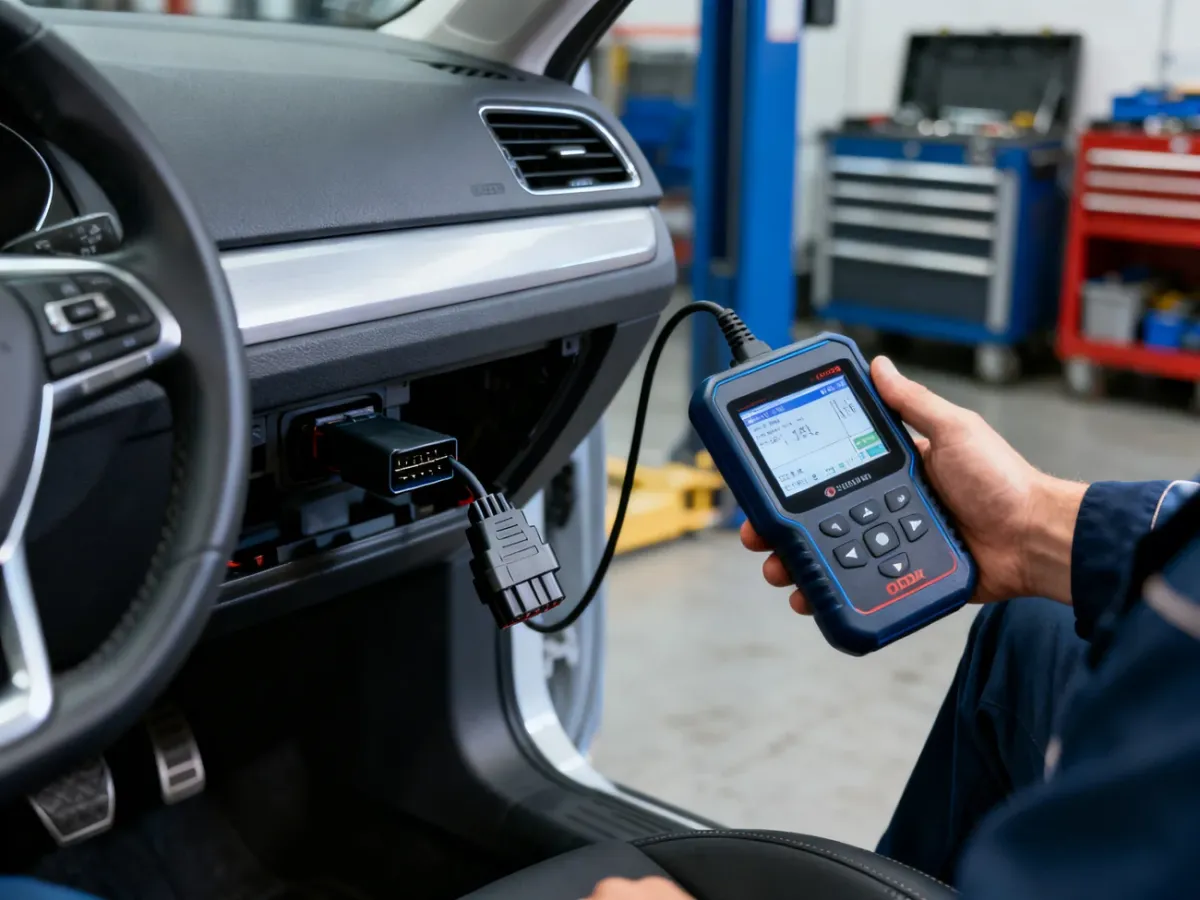 Mechanik sprawdza parametry silnika za pomocą interfejsu OBD2