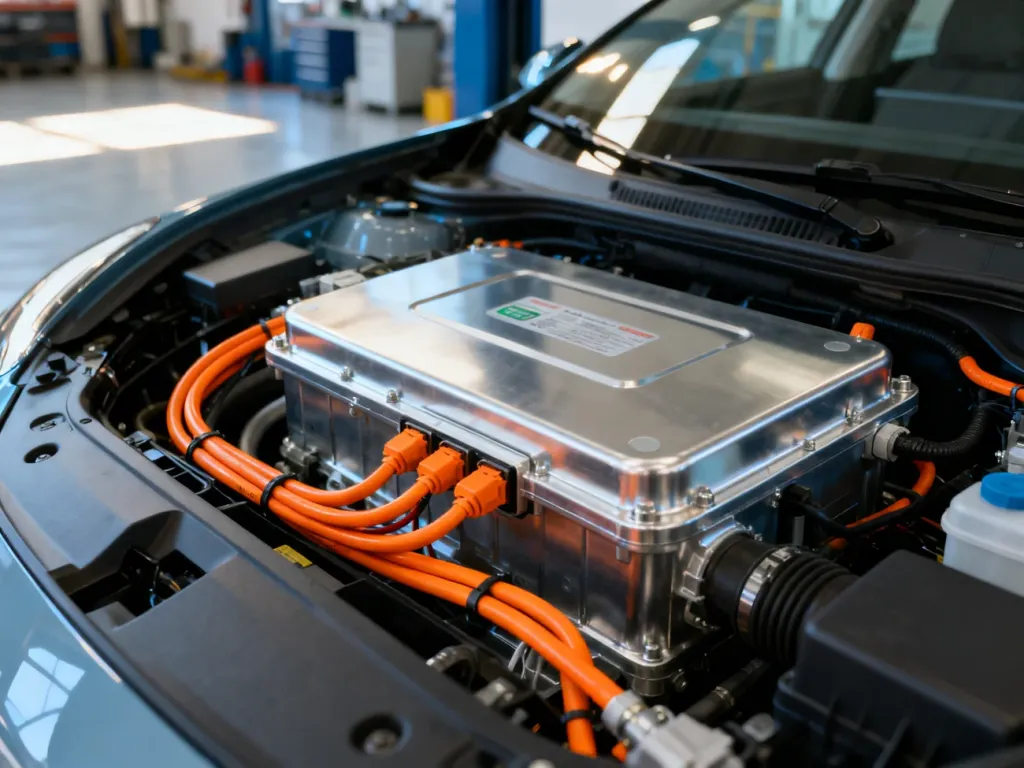 Komora silnika hybrydowej Toyoty Prius z widocznym pomarańczowym przewodem wysokiego napięcia i obudową akumulatora.