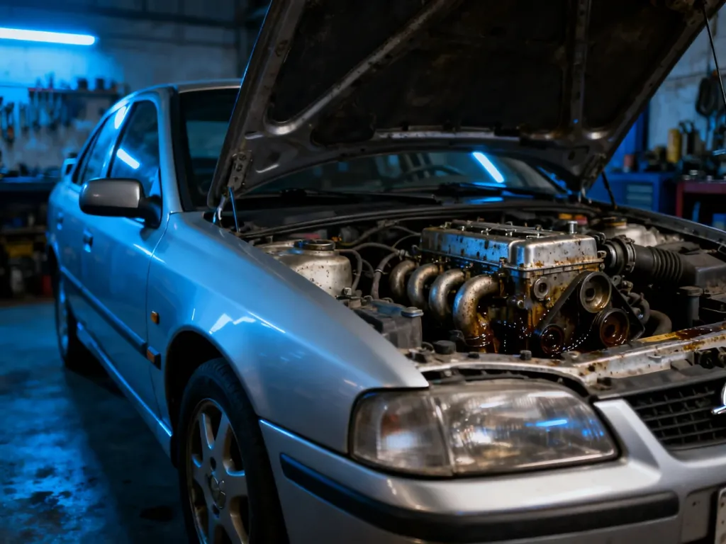 Srebrny Opel Vectra B z otwartą maską w warsztacie, ukazujący szczegóły silnika podlegającego serwisowi.