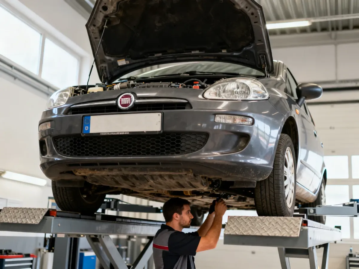 Mechanik sprawdza używanego Fiata Punto podczas oględzin przed zakupem