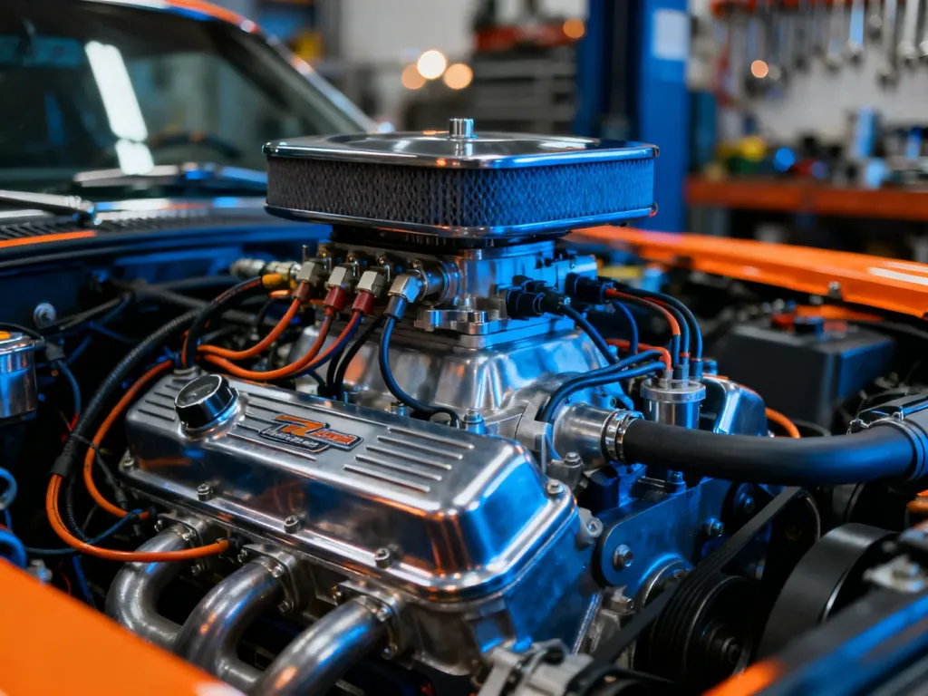 Komora silnika nowoczesnego Chevroleta Camaro z widocznymi detalami technicznymi w profesjonalnym warsztacie.