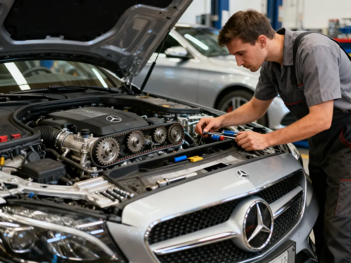 Mechanik sprawdzający silnik Mercedesa W205 w warsztacie