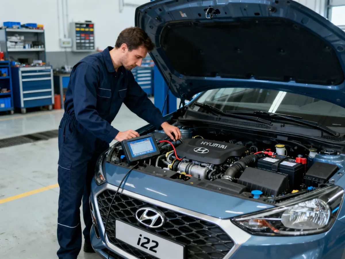 Mechanik diagnozujący Hyundaia i20 z problemem rozruchu