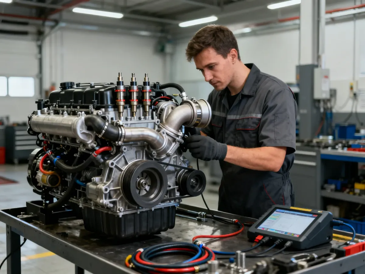 Mechanik diagnozujący nowoczesny silnik diesla w warsztacie