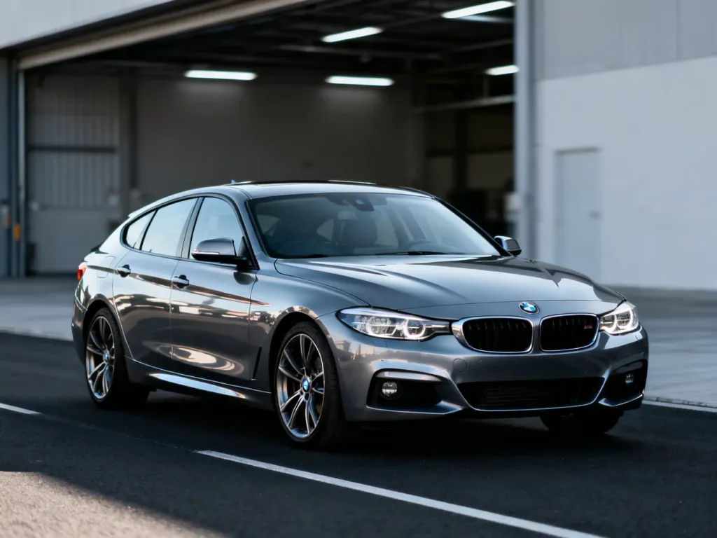Nowoczesne BMW serii 3 GT zaparkowane w minimalistycznym garażu, podkreślające aerodynamiczną sylwetkę modelu.