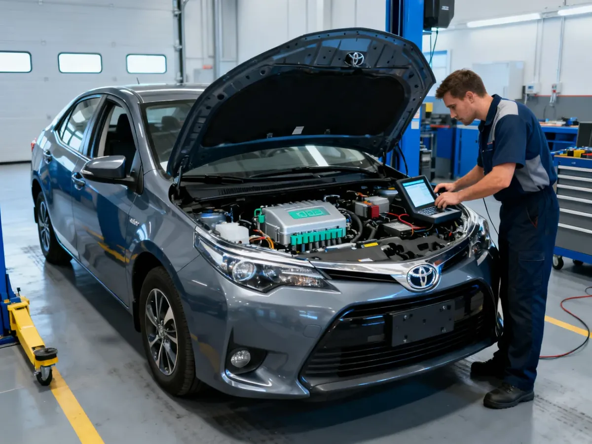 Mechanik diagnozujący Toyotę Corollę w warsztacie
