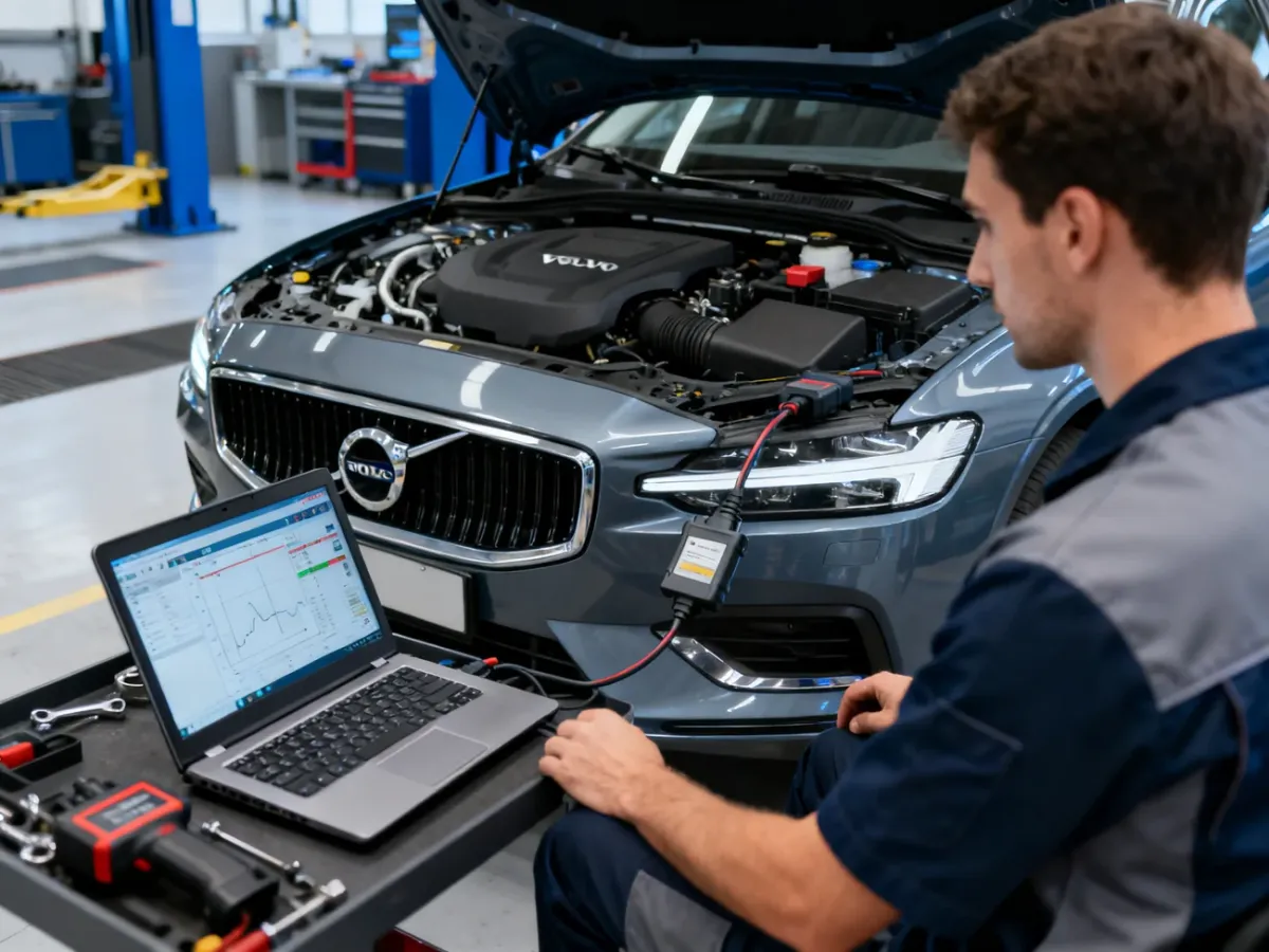 Mechanik diagnozujący Volvo S60 za pomocą profesjonalnego interfejsu diagnostycznego
