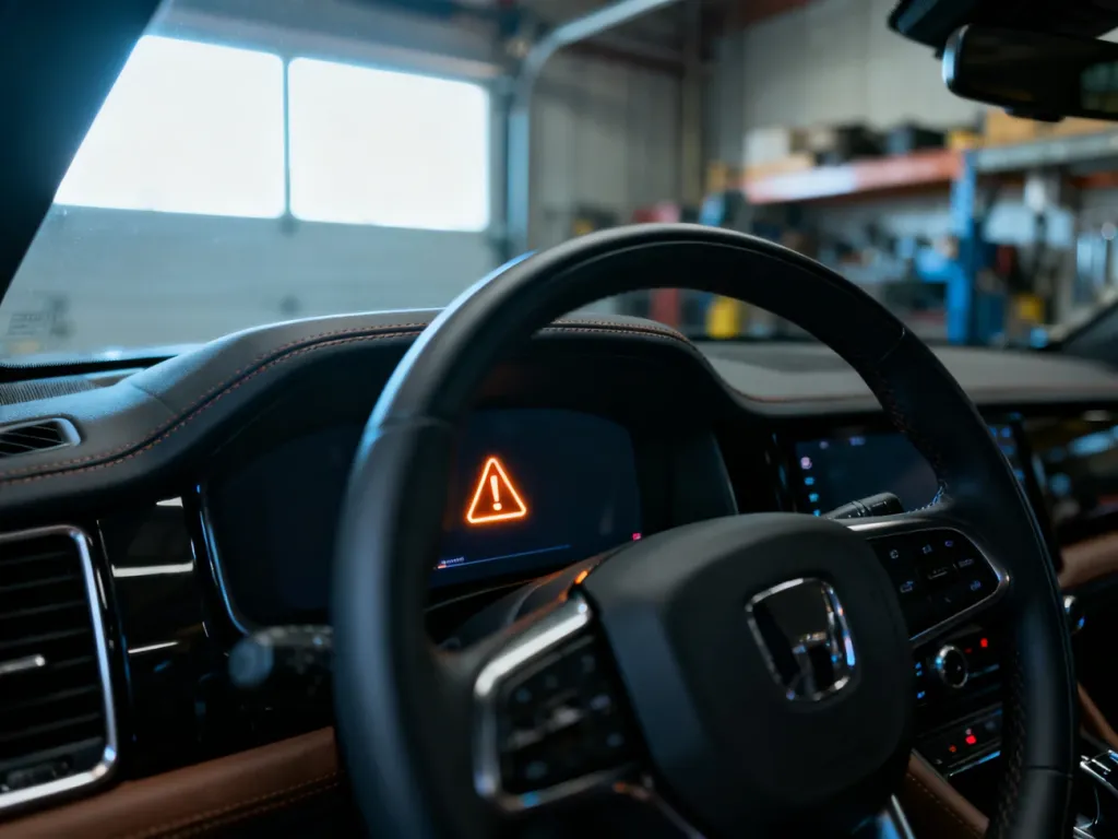 Wnętrze Volvo XC90 z widoczną ikoną ostrzegawczą na desce rozdzielczej, sugerującą awarię w samochodzie.
