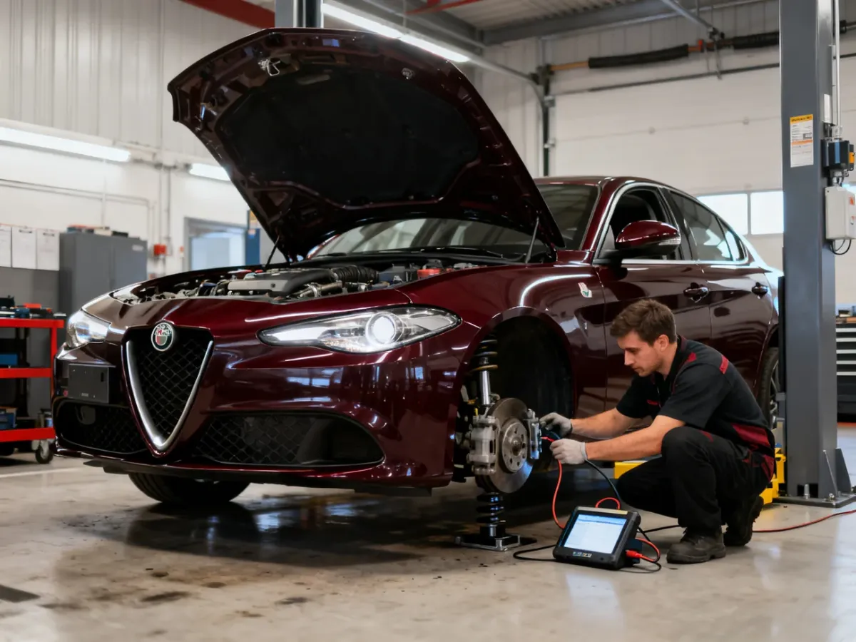 Alfa Romeo Giulia podczas diagnostyki w warsztacie