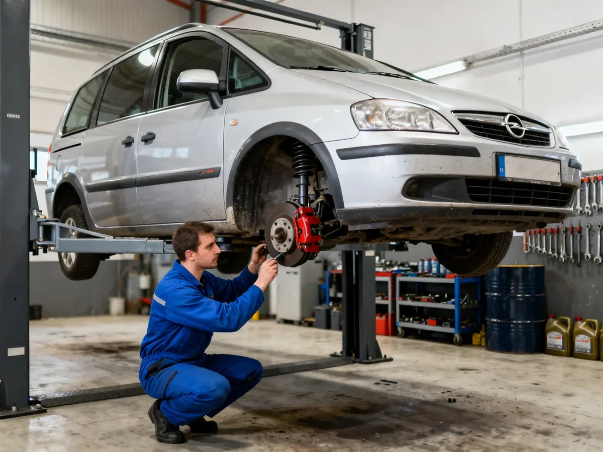 Mechanik sprawdzający podwozie używanego Opla Zafiry C w warsztacie