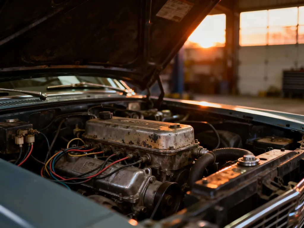 Otwarta komora silnika Volkswagena Passata B5 z widocznymi podzespołami mechanicznymi w garażu.