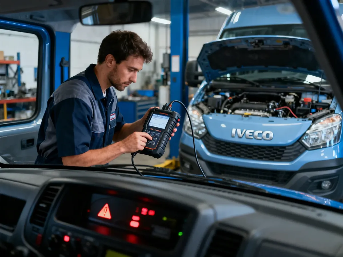 Mechanik diagnozujący Iveco Daily za pomocą profesjonalnego skanera diagnostycznego