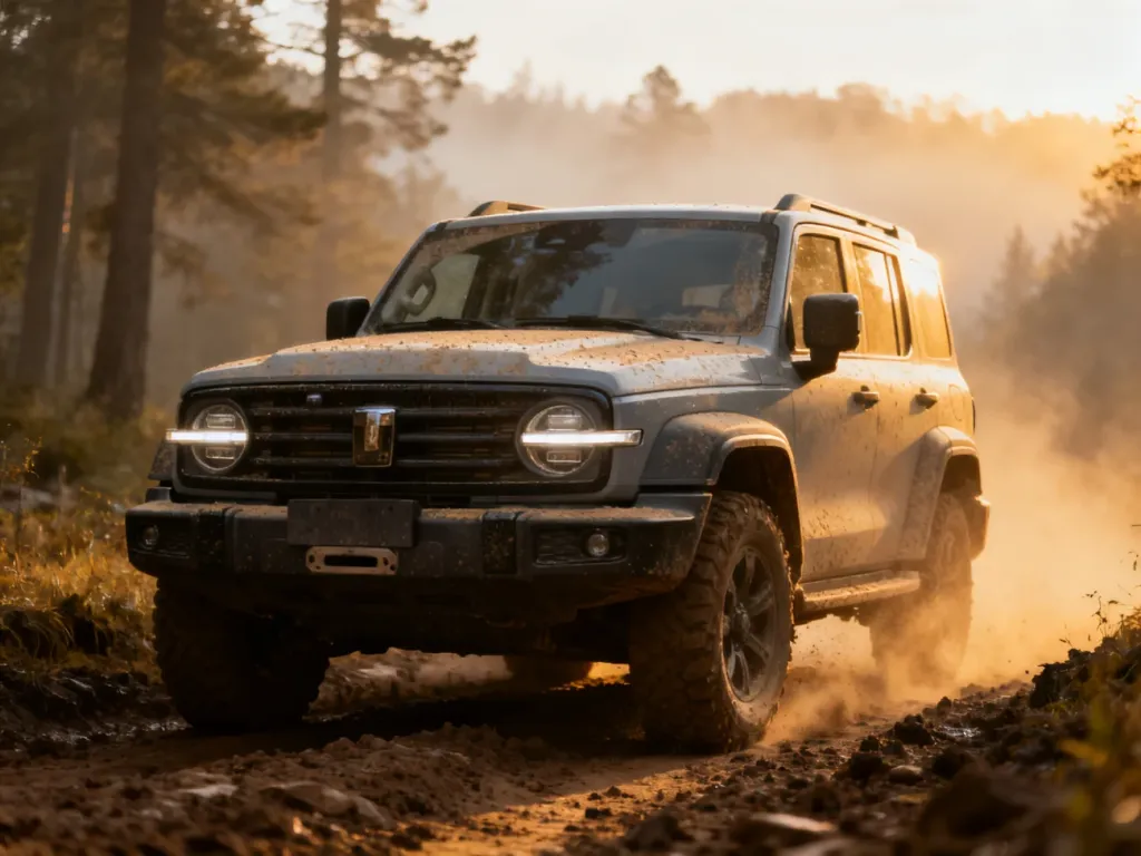 Land Rover Discovery 5 zaparkowany na błotnistym szlaku w lesie podczas zachodu słońca, podkreślający terenowy charakter auta.