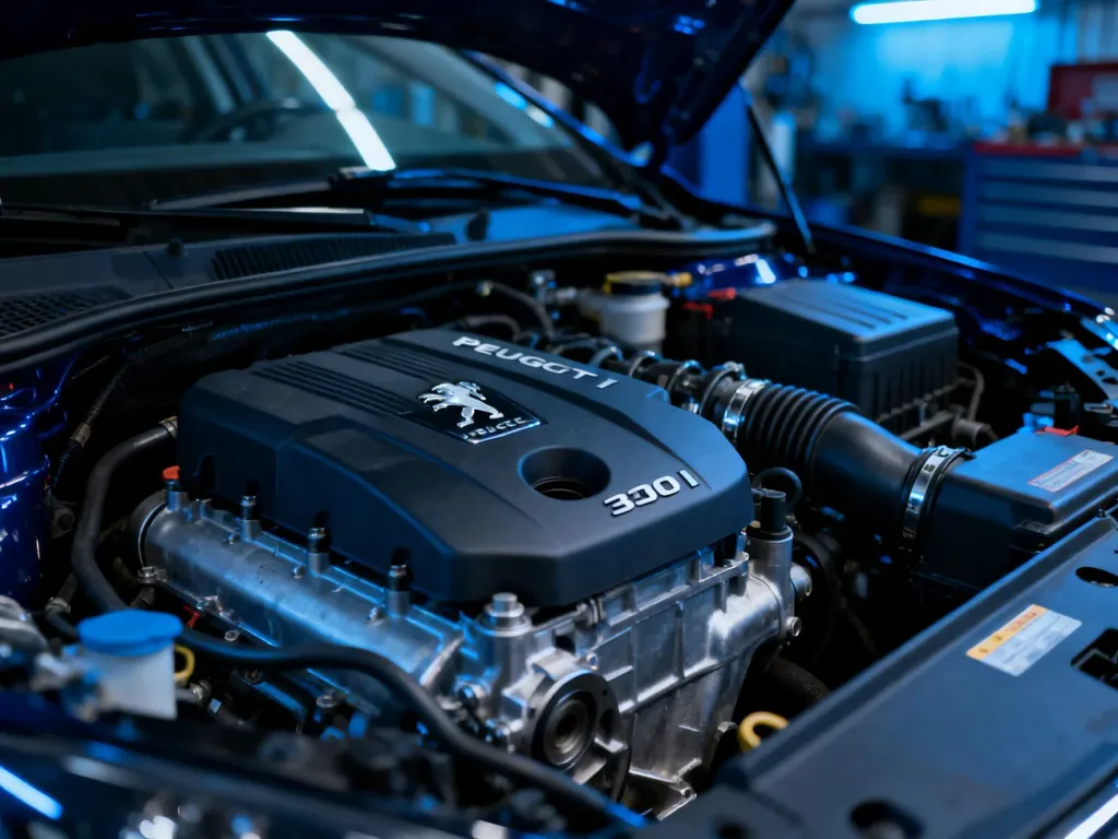 Komora silnika Peugeota 308 II z widocznymi podzespołami mechanicznymi w profesjonalnym oświetleniu studyjnym.