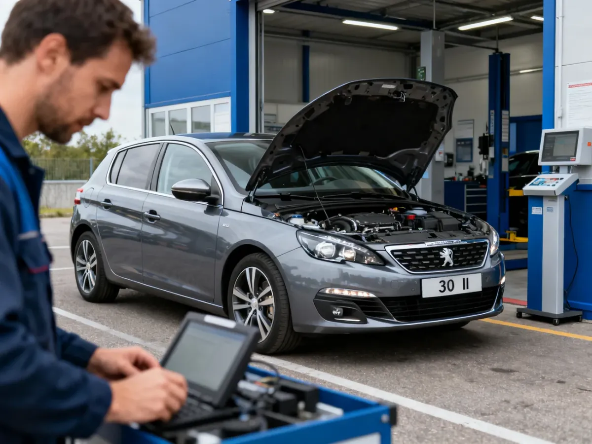 Peugeot 308 II podczas dokładnej kontroli przed zakupem w warsztacie