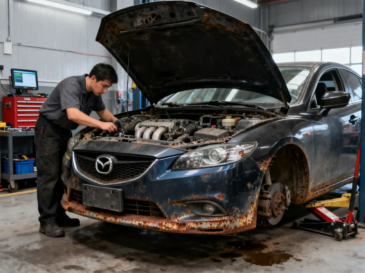 Mazda 6 GH inspected by a mechanic for engine problems and corrosion