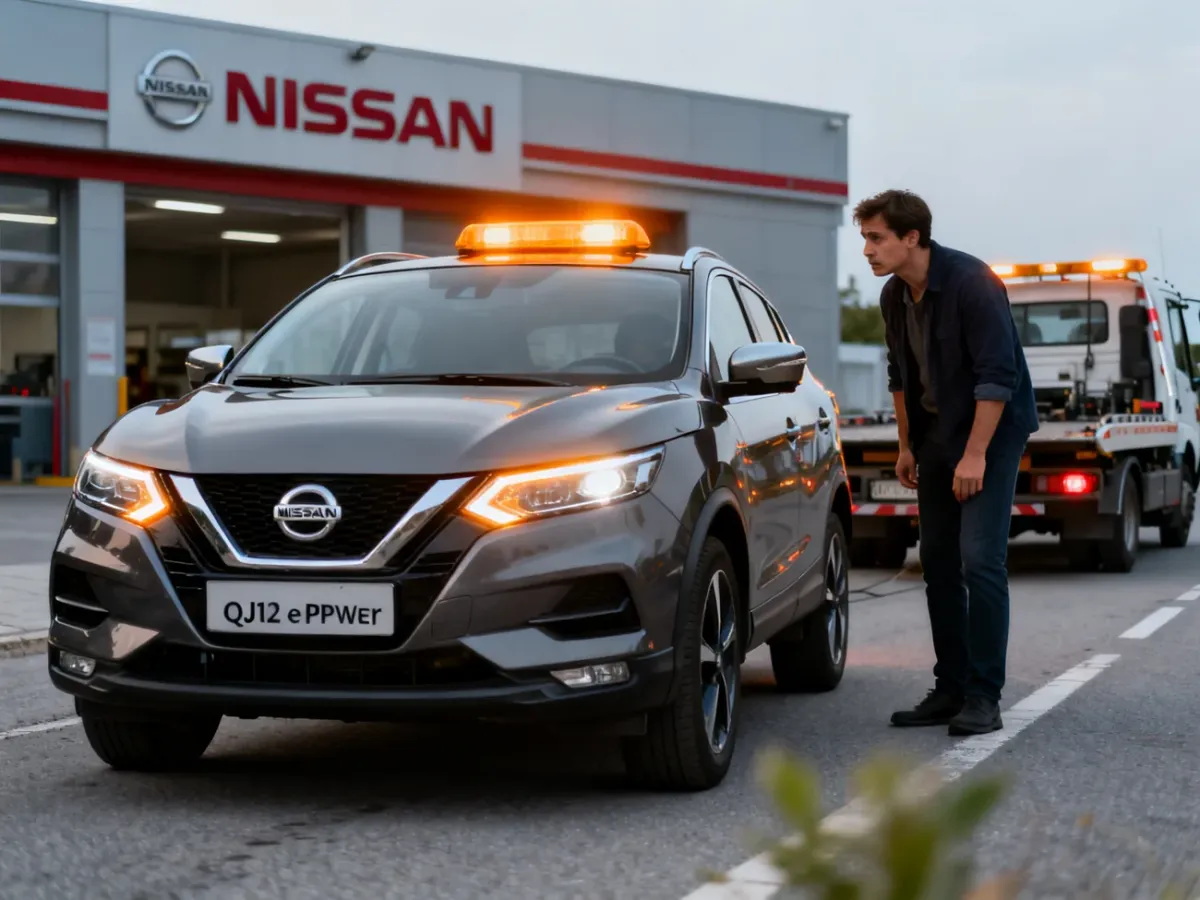 Nissan Qashqai e-Power zatrzymany przy drodze i oczekujący na pomoc serwisową