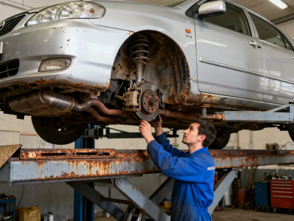 Mechanik oglądający podwozie Toyoty Corolli E12 na podnośniku