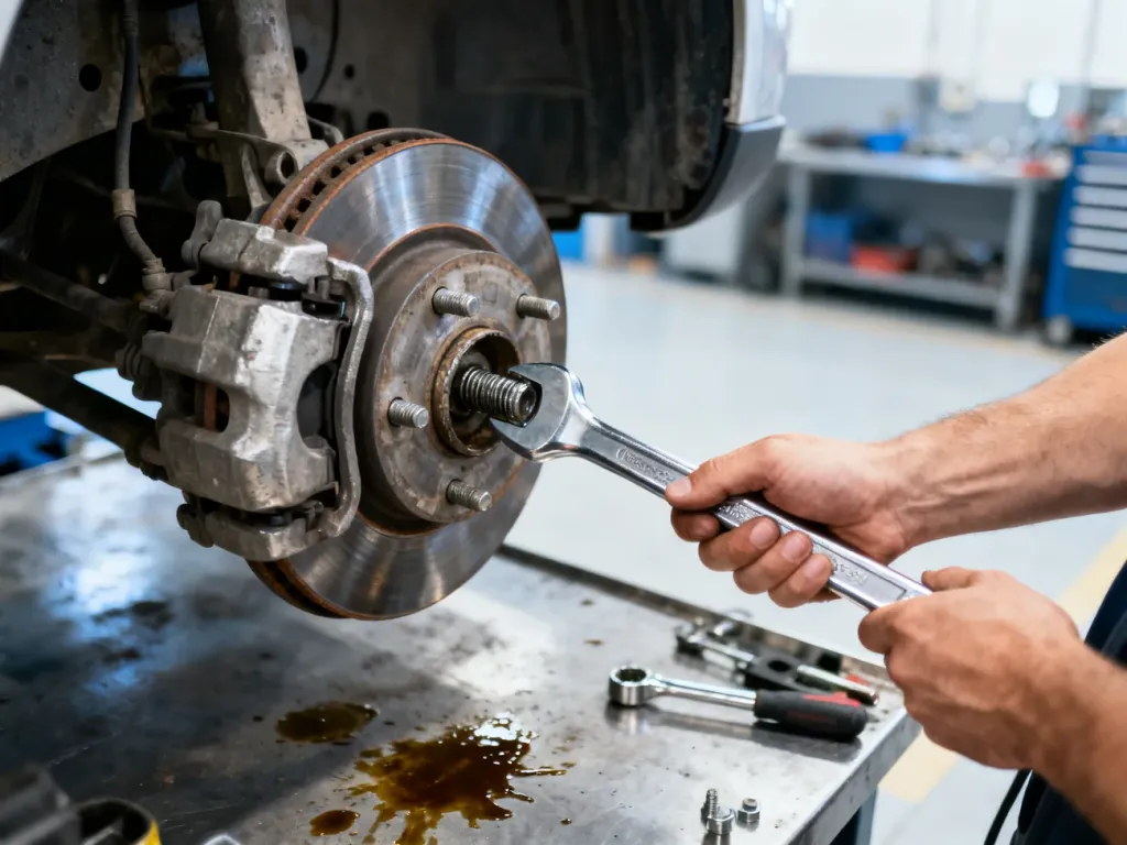 Mechanik dokręca śrubę przy mechanizmie hamulca ręcznego za pomocą klucza w profesjonalnym warsztacie samochodowym.