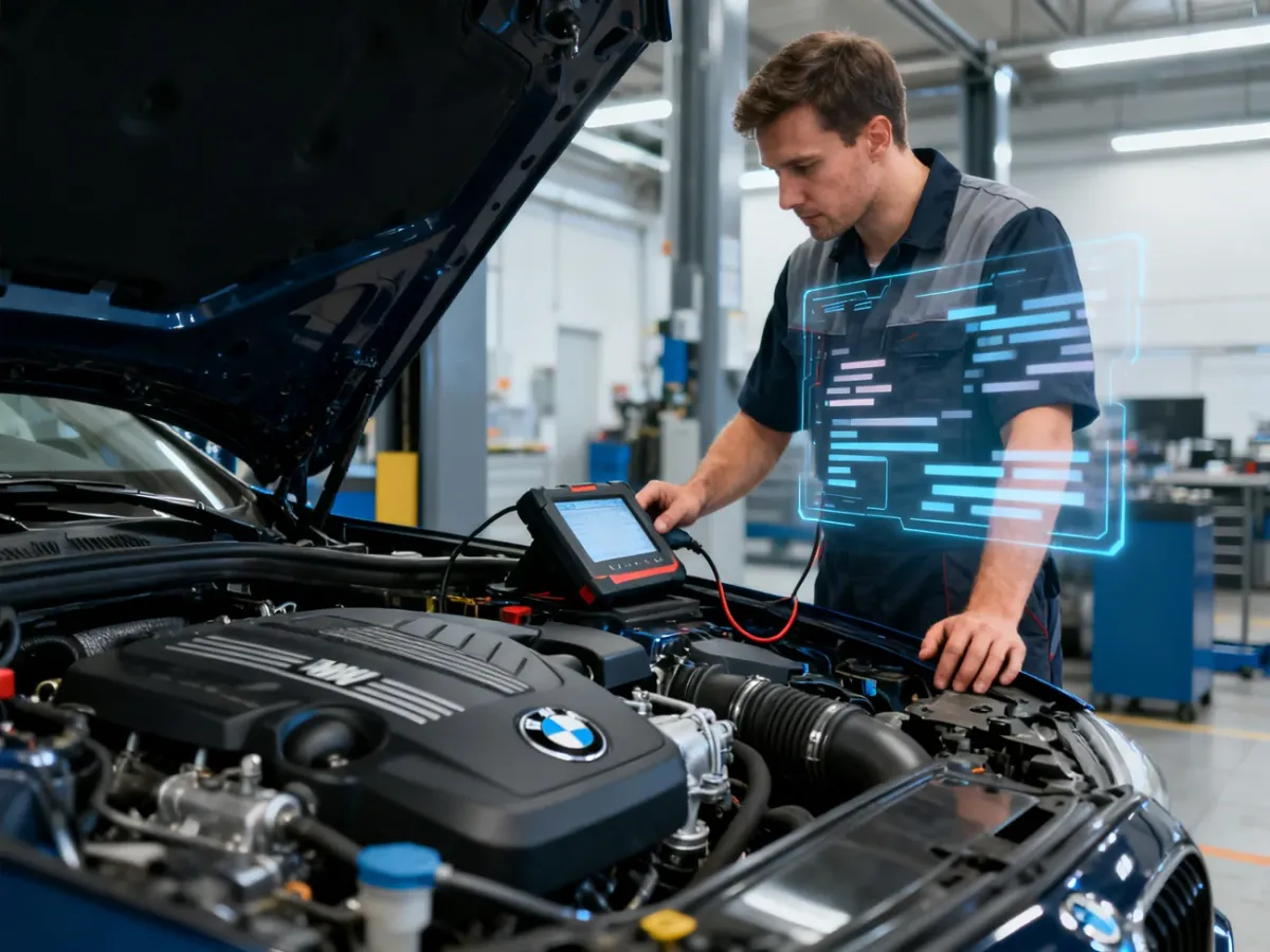 Mechanik diagnozujący silnik BMW za pomocą testera diagnostycznego