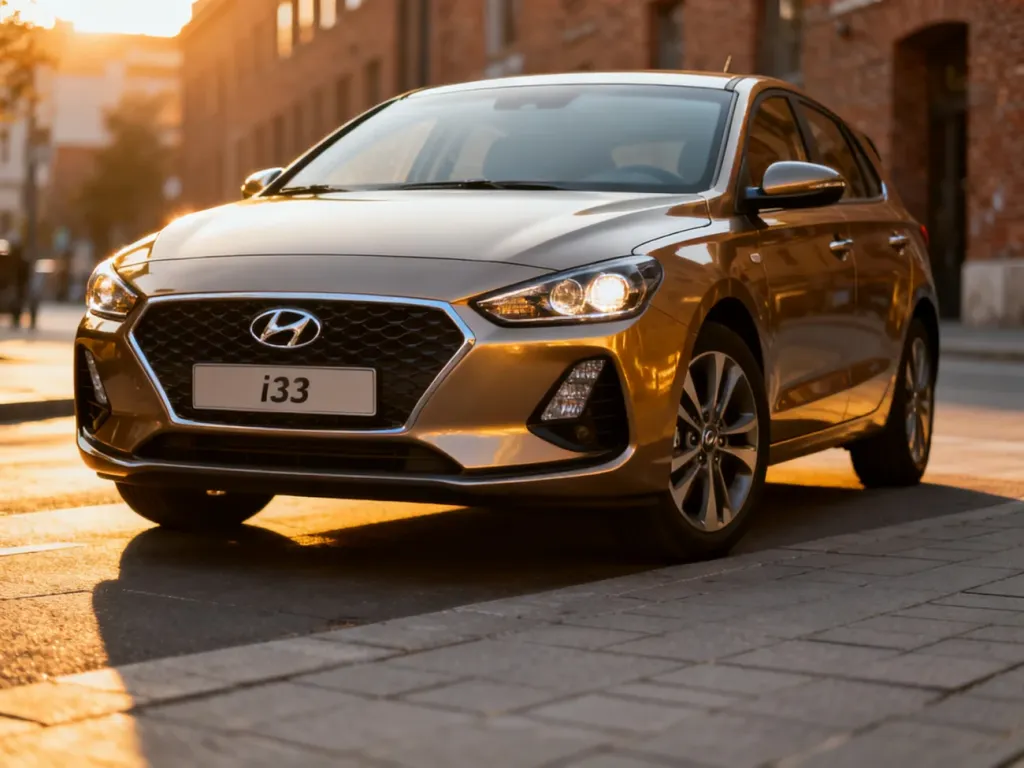 Nowoczesny Hyundai i30 zaparkowany na miejskiej ulicy w świetle zachodzącego słońca.