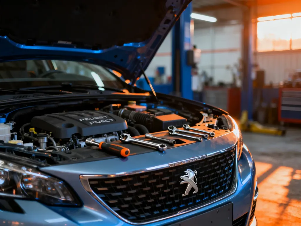 Otwarta komora silnika Peugeota 4007 z narzędziami mechanika w profesjonalnym warsztacie.