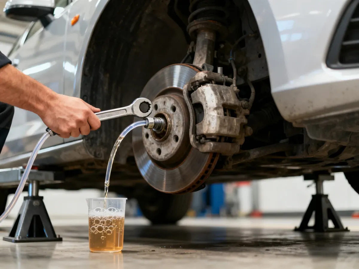 Mechanik odpowietrzający tylny hamulec samochodu przez przezroczysty przewód