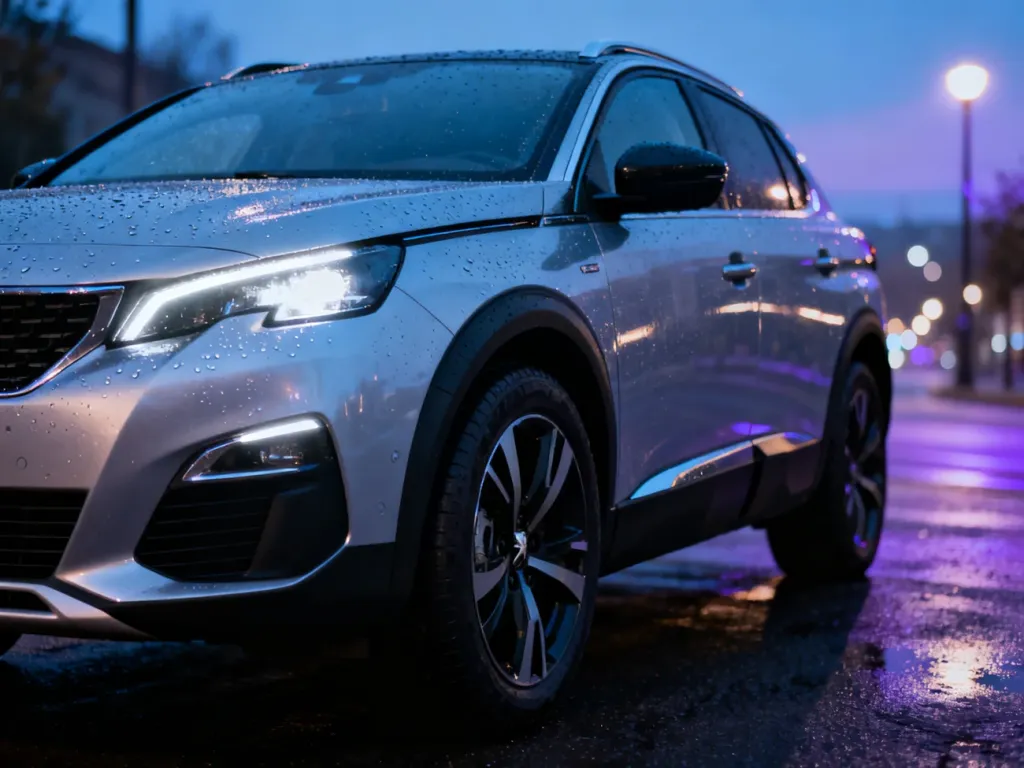 Peugeot 508 RXH zaparkowany na mokrym asfalcie o zmroku, prezentujący charakterystyczne światła LED i nadkola.