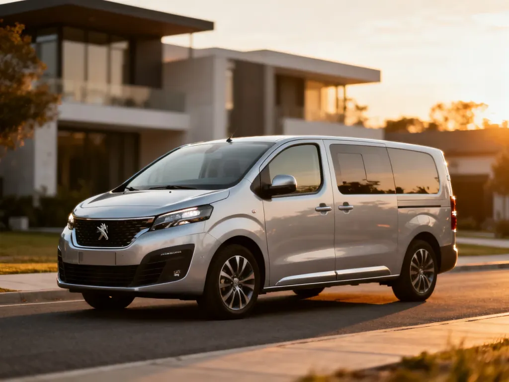 Srebrny Peugeot Traveller zaparkowany na podmiejskiej ulicy w świetle zachodzącego słońca.
