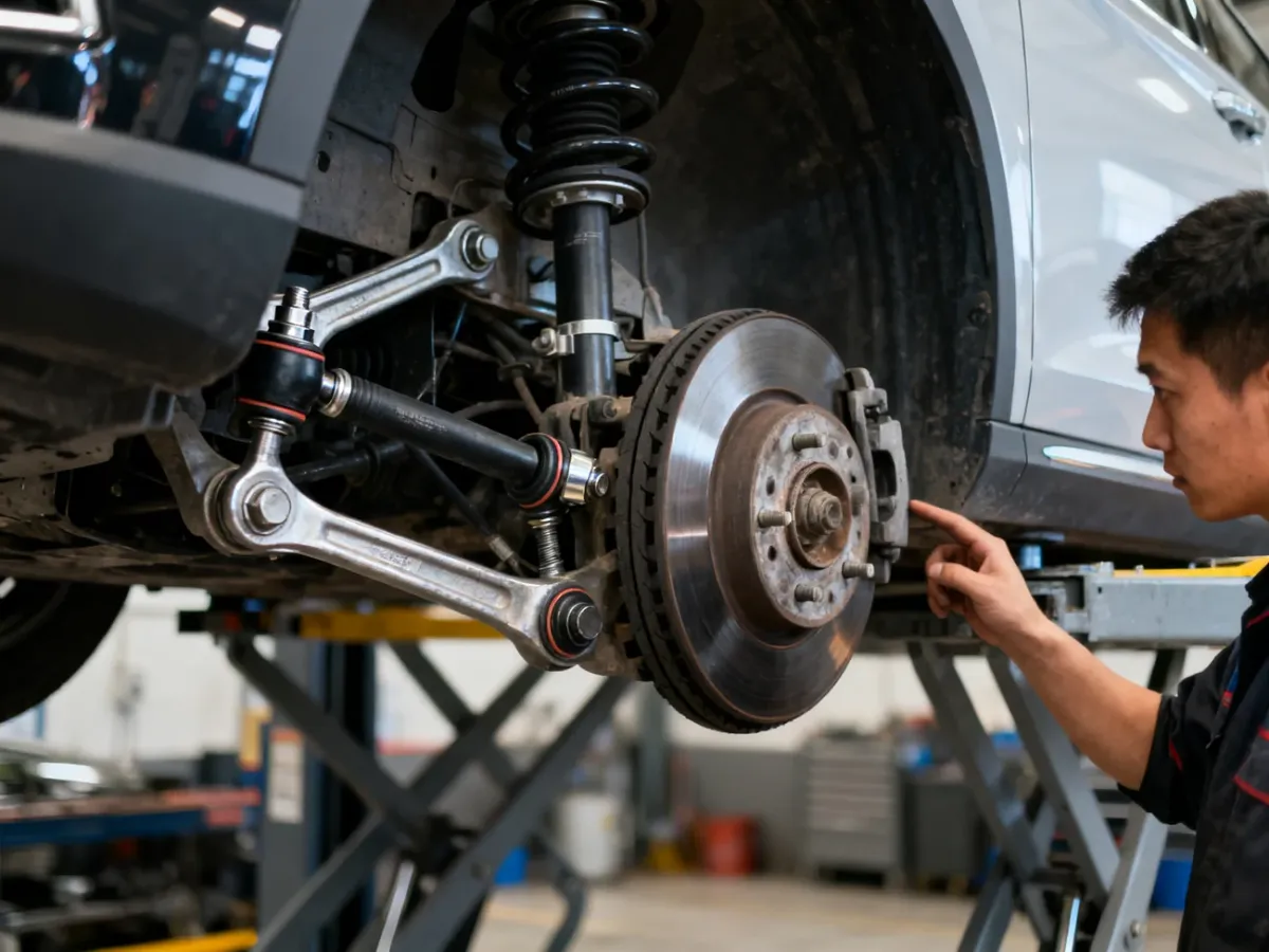 Mechanik sprawdzający elementy przedniego zawieszenia wielowahaczowego samochodu