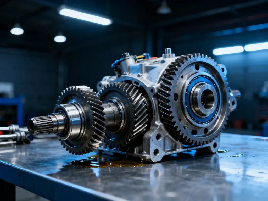 Zbliżenie na precyzyjny mechanizm różnicowy napędu quattro z widocznymi stalowymi kołami zębatymi i elementami hydraulicznymi.