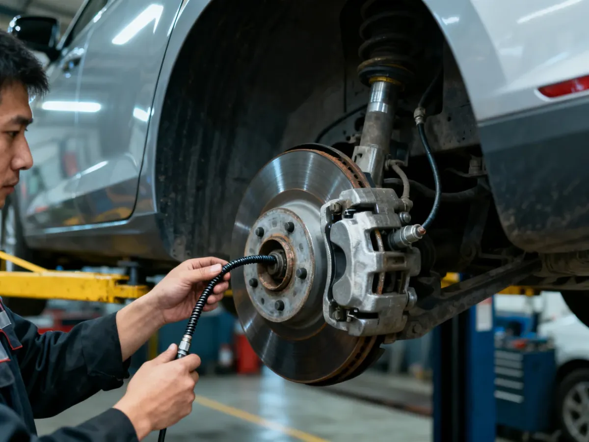 Mechanik sprawdzający linkę i mechanizm tylnego hamulca samochodu