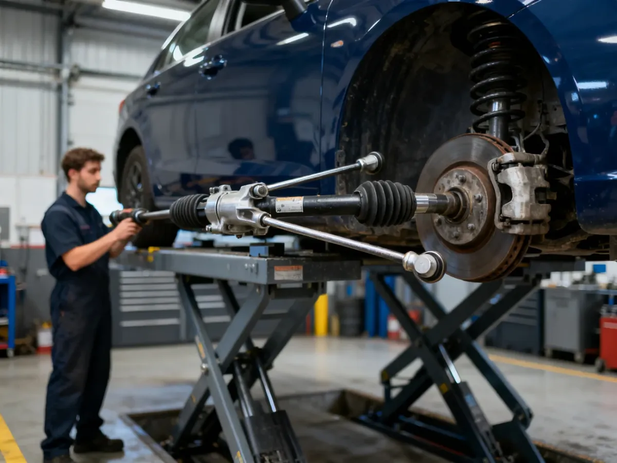 Mechanik sprawdza układ kierowniczy samochodu na podnośniku