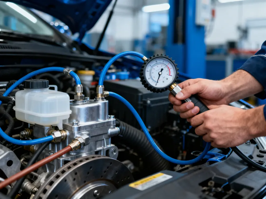 Mechanik podłącza manometr do pompy hamulcowej w celu diagnostyki układu hydraulicznego samochodu.
