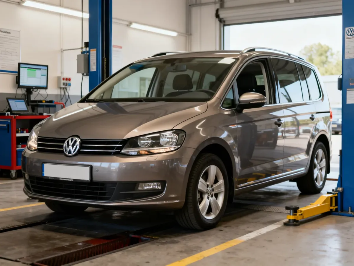 Zadbany Volkswagen Touran podczas kontroli w warsztacie samochodowym