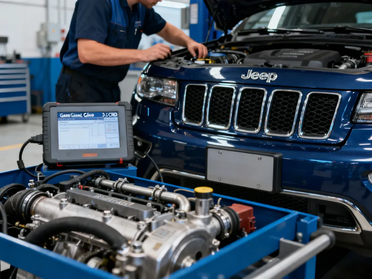 Mechanik diagnozujący silnik Jeepa Grand Cherokee 3.0 CRD w warsztacie